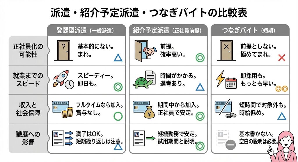 派遣・紹介予定派遣・つなぎバイトの比較表
